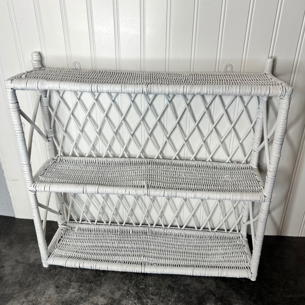Vintage White Wicker Three Tier Wall Mounted Shelf | Cottage Shabby Chic Boho